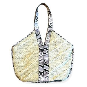 VINCE CAMUTO Afina raffia straw, canvas and snakeskin leather tote EUC